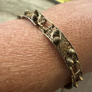 Unique VINTAGE Fine filigree 925 Silver Gold Wash panel bracelet Open Wire Work